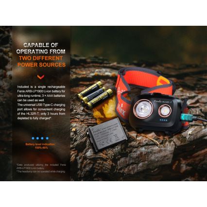 Fenix HL32RTBLCK - Genopladelig LED pandelampe LED/USB/3xAAA IP66 800 skinnende 300 timer 1900 mAh sort/orange
