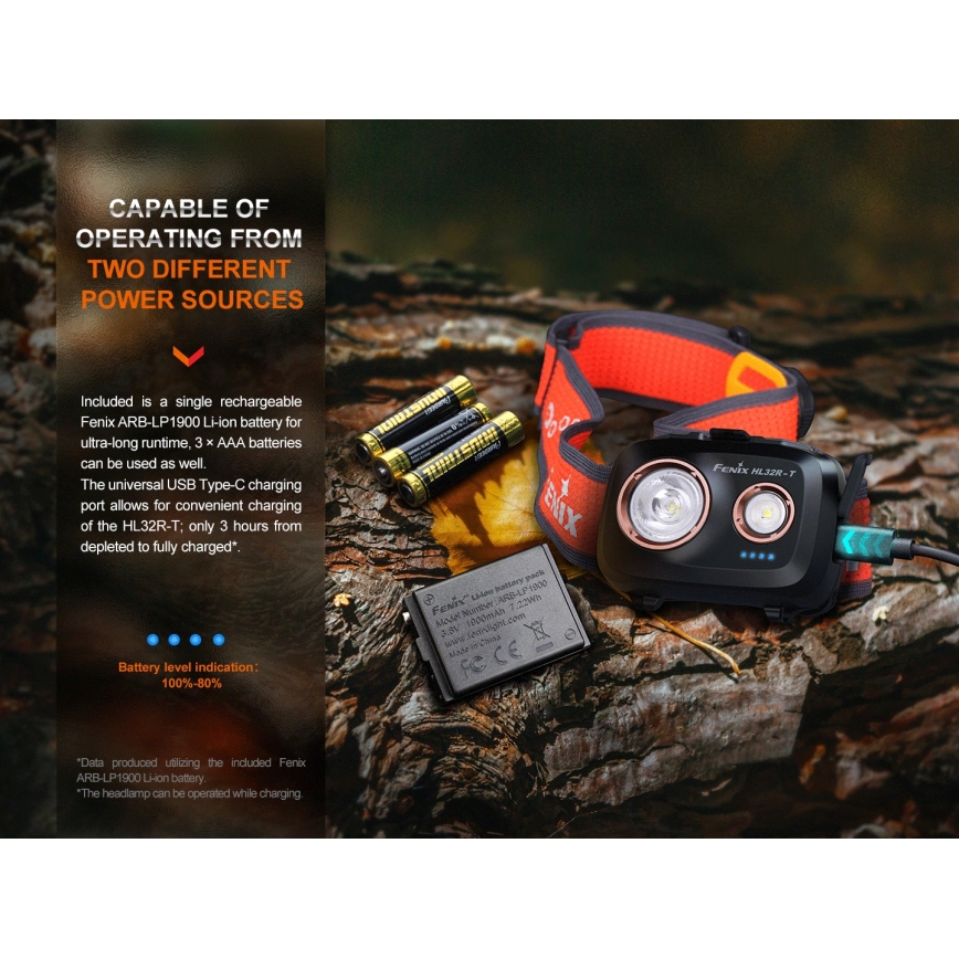 Fenix HL32RTBLCK - Genopladelig LED pandelampe LED/USB/3xAAA IP66 800 skinnende 300 timer 1900 mAh sort/orange