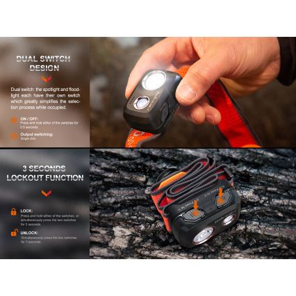 Fenix HL32RTBLCK - Genopladelig LED pandelampe LED/USB/3xAAA IP66 800 skinnende 300 timer 1900 mAh sort/orange