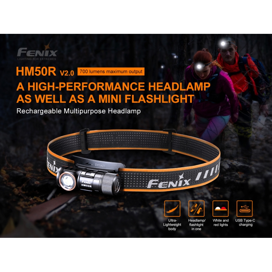 Fenix HM50RV20 - Genopladelig LED pandelampe 3xLED/1xCR123A IP68 700 lm 120 timer