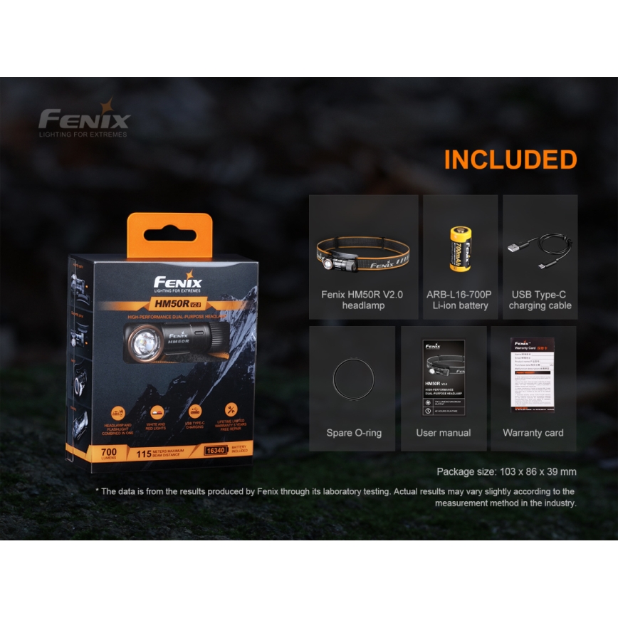 Fenix HM50RV20 - Genopladelig LED pandelampe 3xLED/1xCR123A IP68 700 lm 120 timer