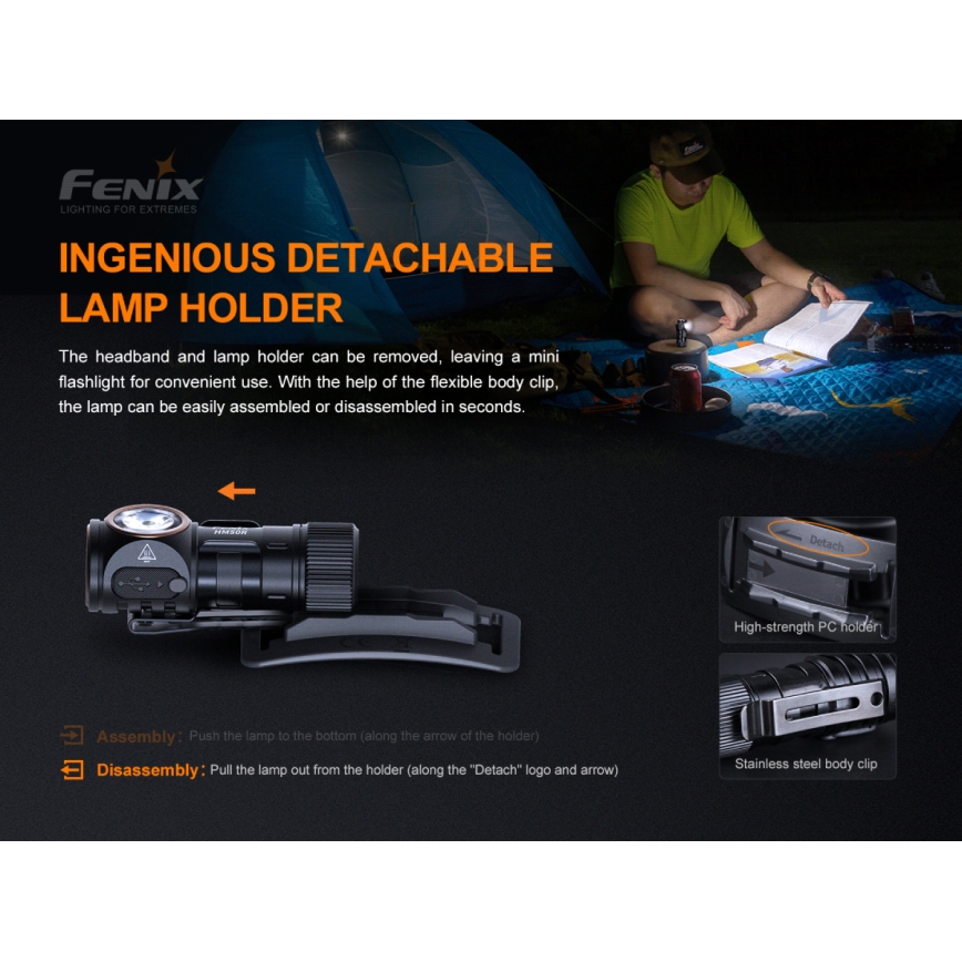 Fenix HM50RV20 - Genopladelig LED pandelampe 3xLED/1xCR123A IP68 700 lm 120 timer