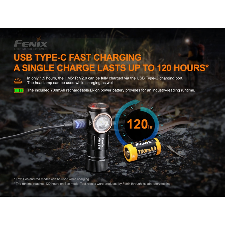 Fenix HM51RV20 - LED Genopladeligt pandelygte 3xLED/1xCR123A/USB IP68 700 lm 120 t 700 m