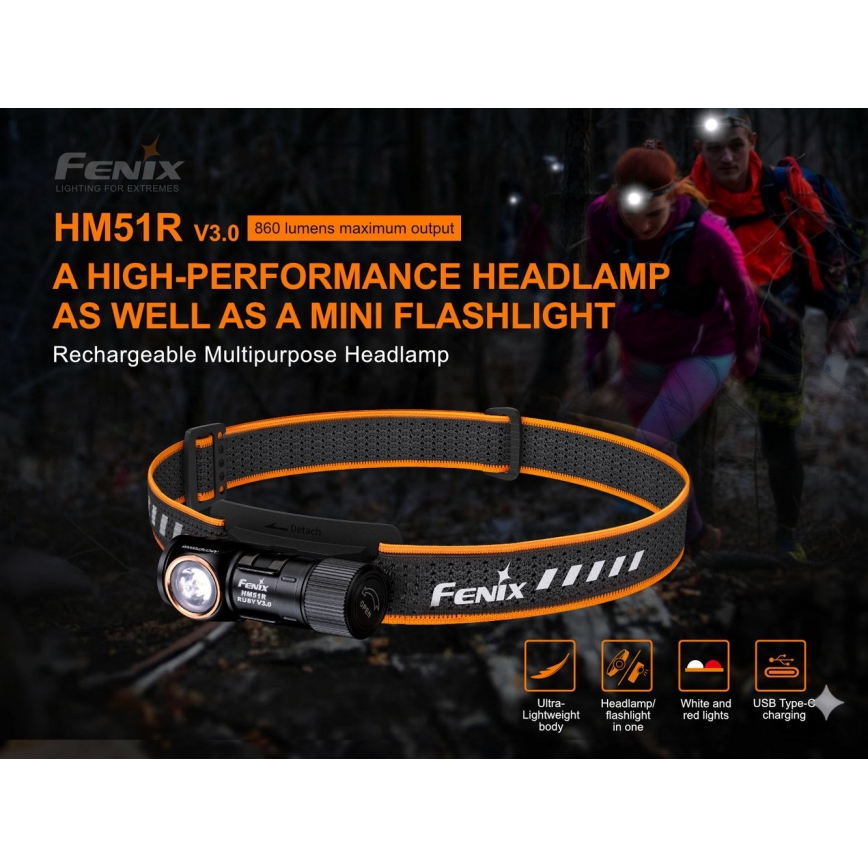 Fenix HM51RV30 - LED-dæmpbar genopladelig pandelampe LED/USB/1xCR123A 950 mAh IP68 860 lm 125 h orange