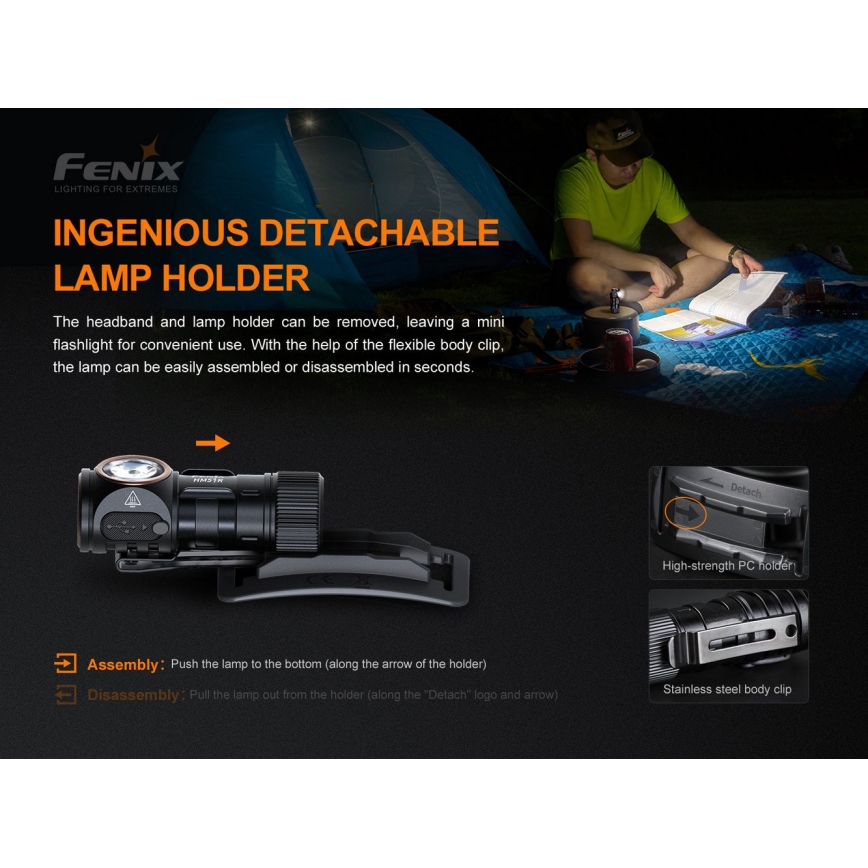 Fenix HM51RV30 - LED-dæmpbar genopladelig pandelampe LED/USB/1xCR123A 950 mAh IP68 860 lm 125 h orange