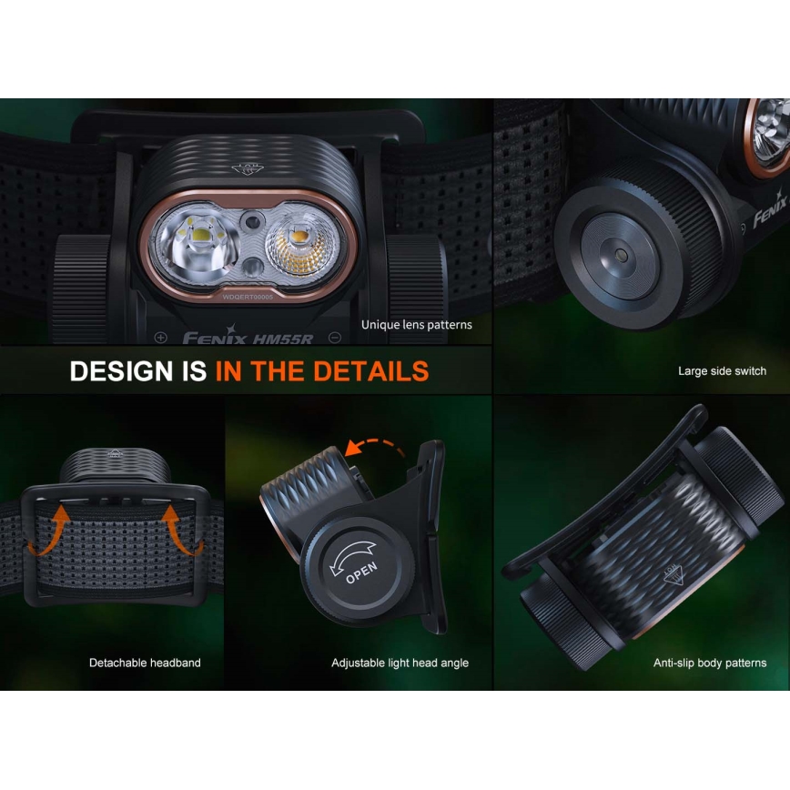 Fenix HM55RABL - LED dæmpbar genopladelig pandelampe LED/USB/1xCR123A 1600 mAh IP68 1200 lm 141,2 h sort