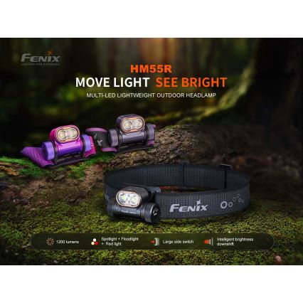Fenix HM55RPRP - Dæmpbar genopladelig LED-pandelampe LED/USB/1xCR123A 1600 mAh IP68 1200 lm 141,2 h lilla/sort