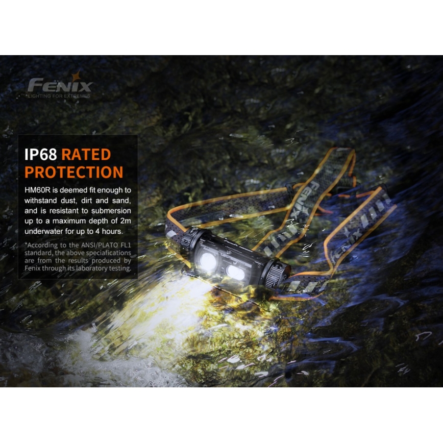 Fenix HM60R - Genopladelig LED pandelampe dæmpbar 4xLED/USB/2xCR123A IP68 1300 skinnende 300 timer 3400 mAh