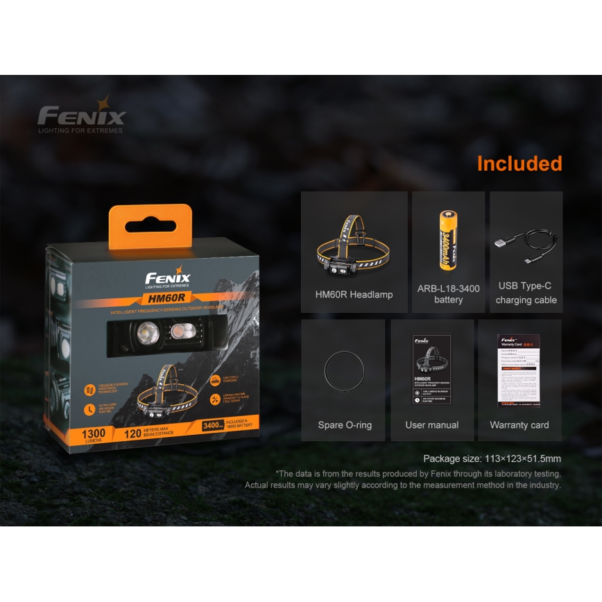 Fenix HM60R - Genopladelig LED pandelampe dæmpbar 4xLED/USB/2xCR123A IP68 1300 skinnende 300 timer 3400 mAh