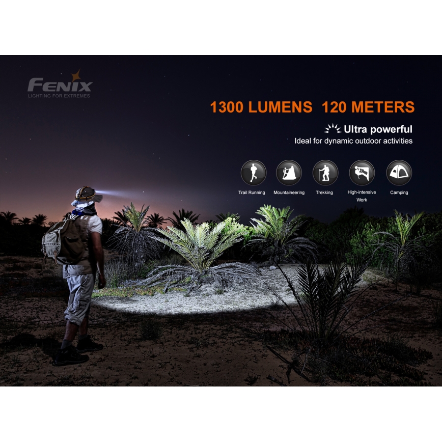 Fenix HM60R - Genopladelig LED pandelampe dæmpbar 4xLED/USB/2xCR123A IP68 1300 skinnende 300 timer 3400 mAh