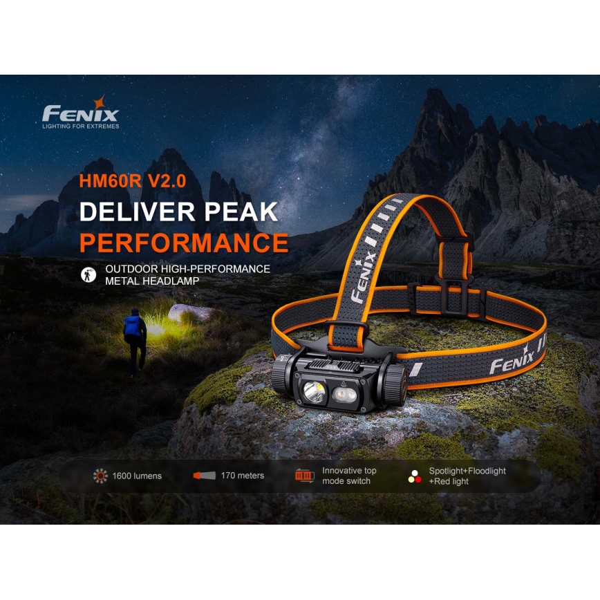 Fenix HM60RV20 - Dæmpbar genopladelig LED-pandelampe LED/USB 4000 mAh IP68 1600 lm 292 h orange