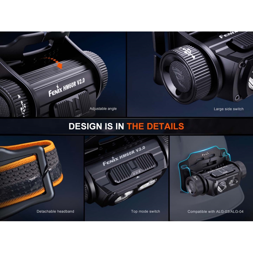 Fenix HM60RV20 - Dæmpbar genopladelig LED-pandelampe LED/USB 4000 mAh IP68 1600 lm 292 h orange