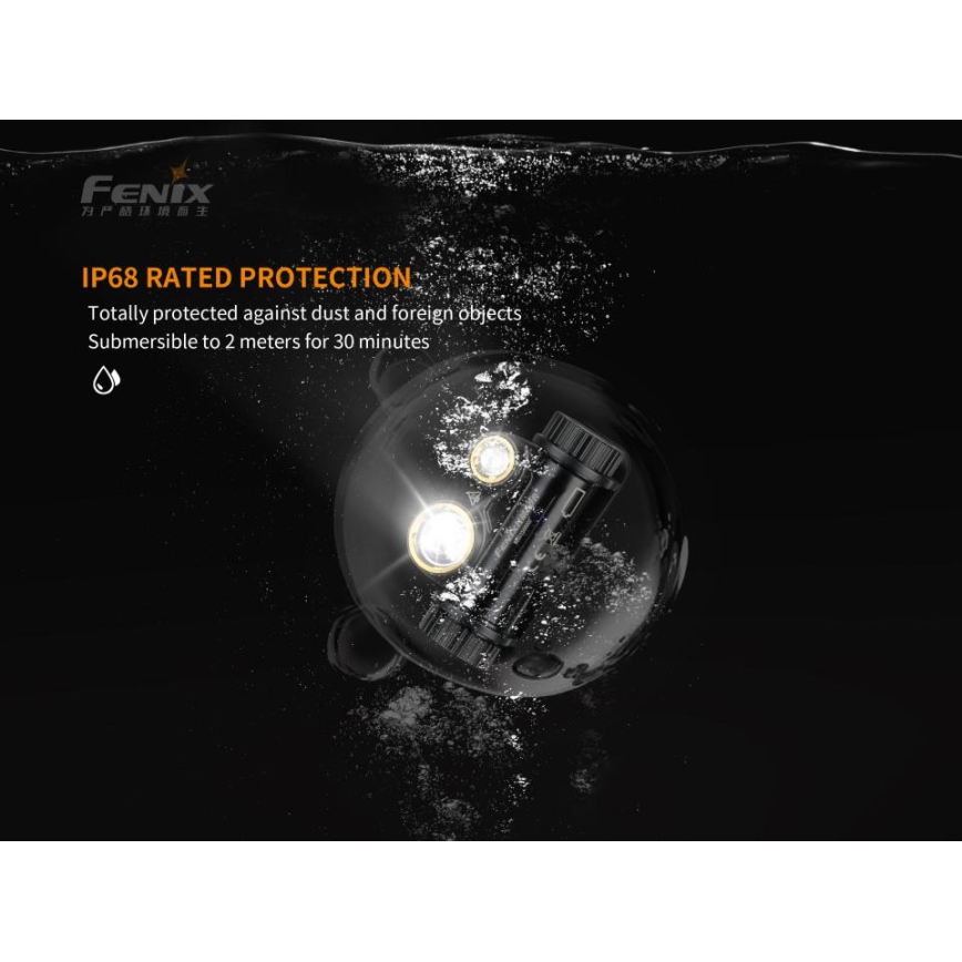 Fenix HM65R - Genopladelig LED pandelampe 2xLED/USB/2xCR123A IP68 1400 skinnende 300 timer 3400 mAh