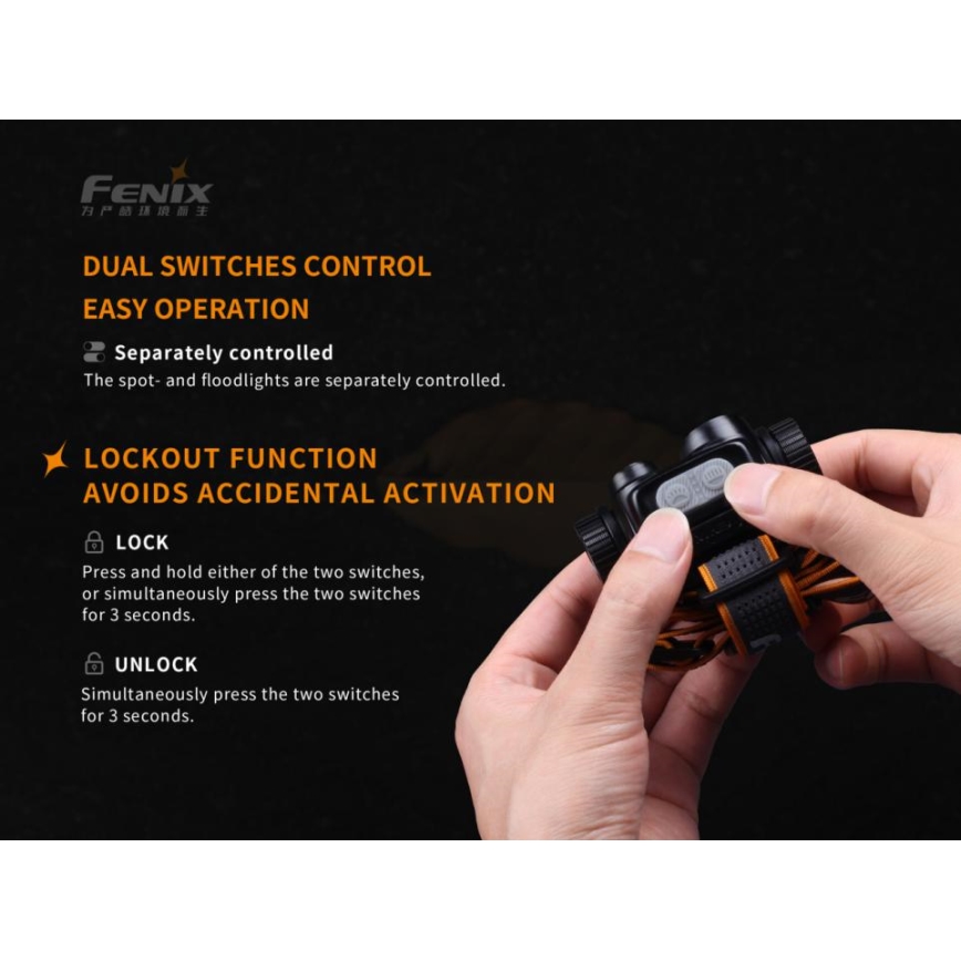 Fenix HM65R - Genopladelig LED pandelampe 2xLED/USB/2xCR123A IP68 1400 skinnende 300 timer 3400 mAh