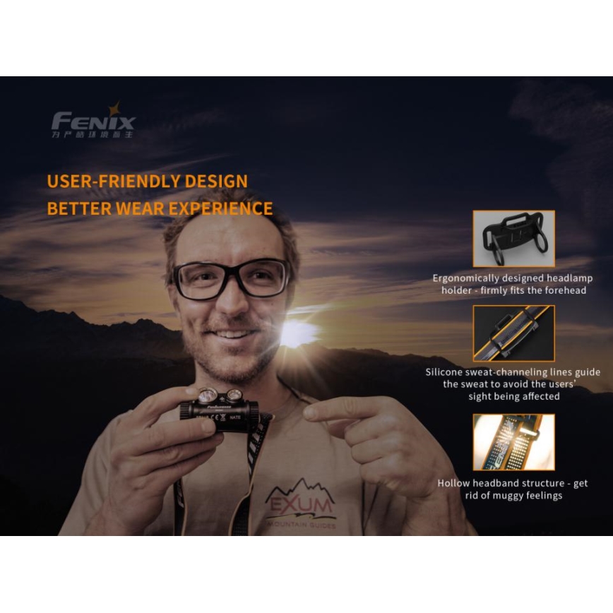 Fenix HM65R - Genopladelig LED pandelampe 2xLED/USB/2xCR123A IP68 1400 skinnende 300 timer 3400 mAh