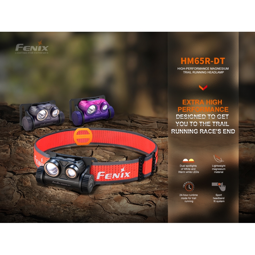 Fenix HM65RDTPRP - Genopladelig LED pandelampe LED/USB IP68 1500 lm 300 timer lilla/sort