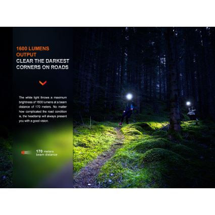 Fenix HM65RTV20BLC- LED pandelampe dæmpbar og genopladelig  LED/USB/2xCR123A IP68 3400 mAh sort/orange