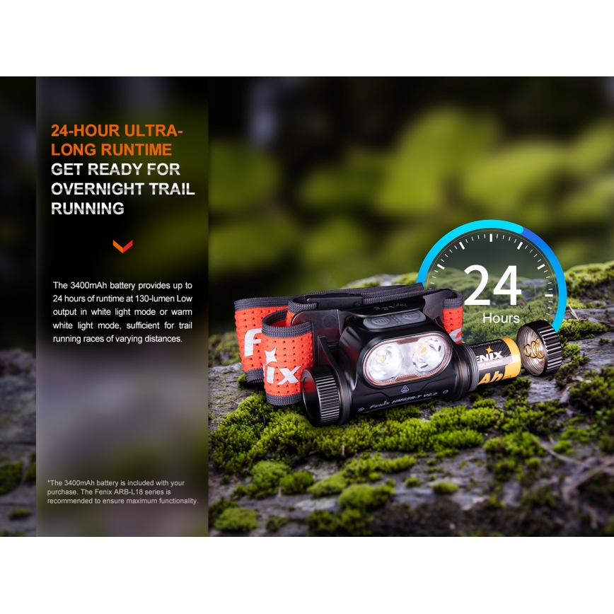 Fenix HM65RTV20BLC- LED pandelampe dæmpbar og genopladelig  LED/USB/2xCR123A IP68 3400 mAh sort/orange