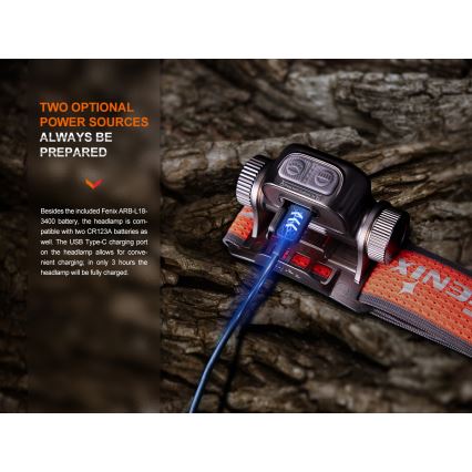 Fenix HM65RTV20BLC- LED pandelampe dæmpbar og genopladelig  LED/USB/2xCR123A IP68 3400 mAh sort/orange