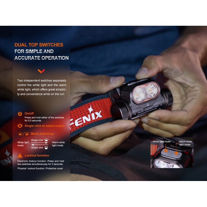 Fenix HM65RTV20BLC- LED pandelampe dæmpbar og genopladelig  LED/USB/2xCR123A IP68 3400 mAh sort/orange