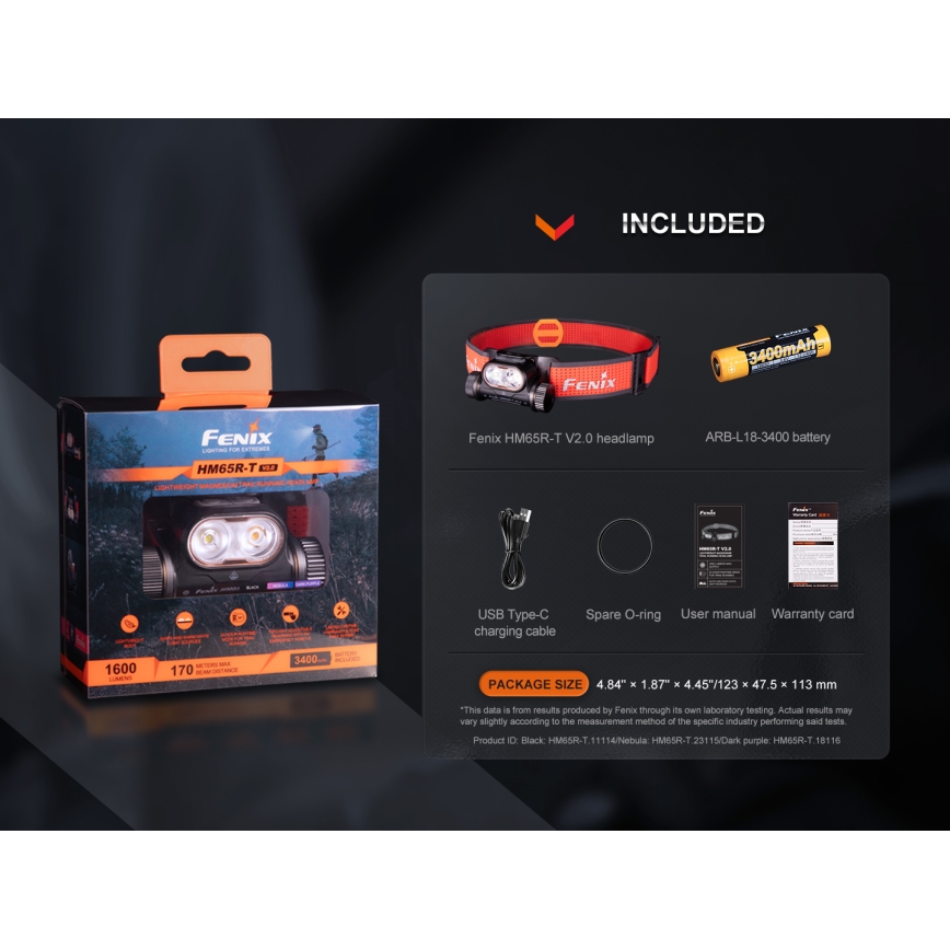 Fenix HM65RTV20BLC- LED pandelampe dæmpbar og genopladelig  LED/USB/2xCR123A IP68 3400 mAh sort/orange