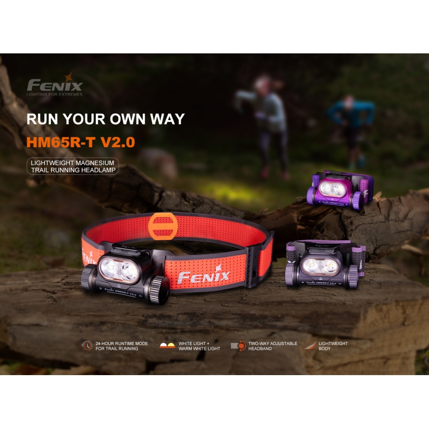 Fenix HM65RTV20PRP - LED pandelampe dæmpbar og genopladelig LED/USB/2xCR123A IP68 1600 lm 300 timer 3400 mAh sort/lilla