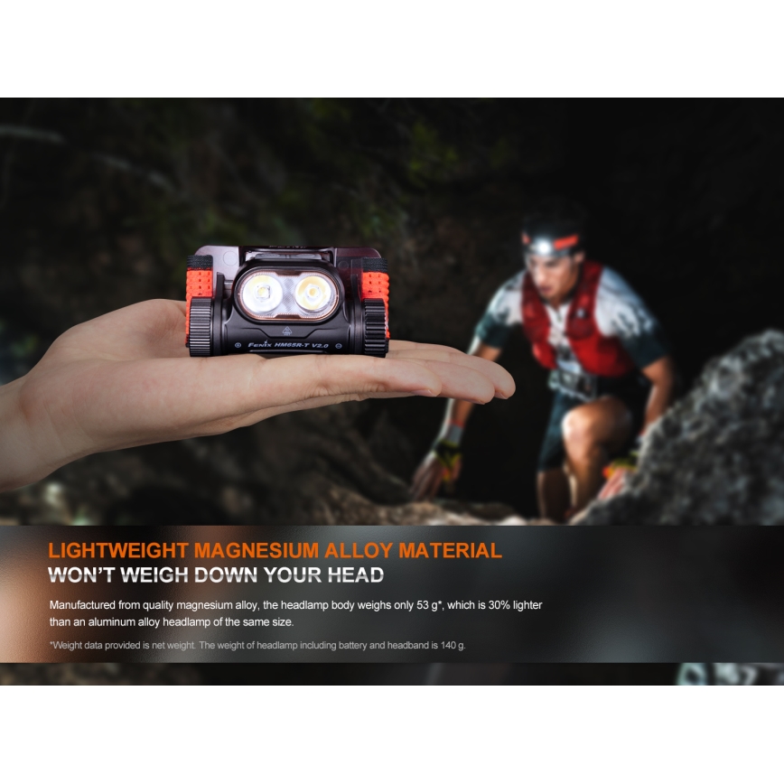 Fenix HM65RTV20PRP - LED pandelampe dæmpbar og genopladelig LED/USB/2xCR123A IP68 1600 lm 300 timer 3400 mAh sort/lilla