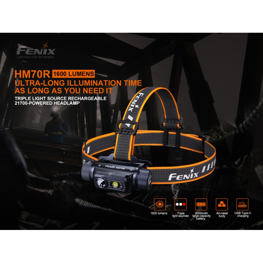 Fenix HM70R - Genopladelig LED pandelampe 4xLED/1x21700 IP68 1600 skinnende 800 timer 5000 mAh