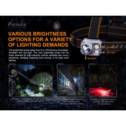 Fenix HP16R1250 - Genopladelig LED pandelampe 3xLED/USB 4xAA IP66 1250 lm 600 timer 3000 mAh