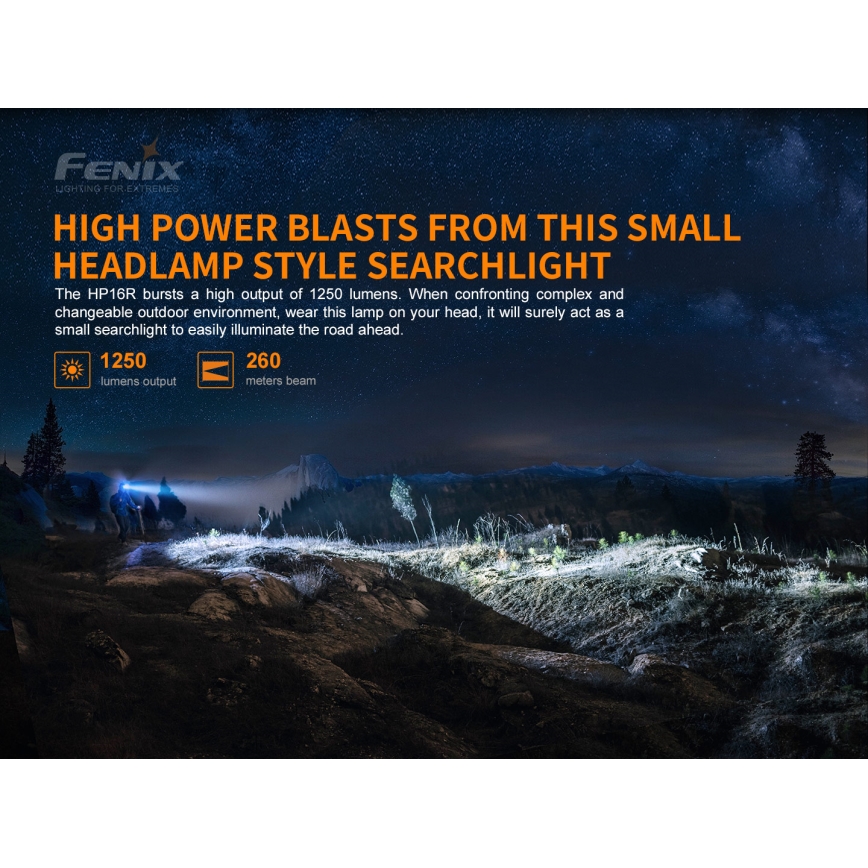 Fenix HP16R1250 - Genopladelig LED pandelampe 3xLED/USB 4xAA IP66 1250 lm 600 timer 3000 mAh