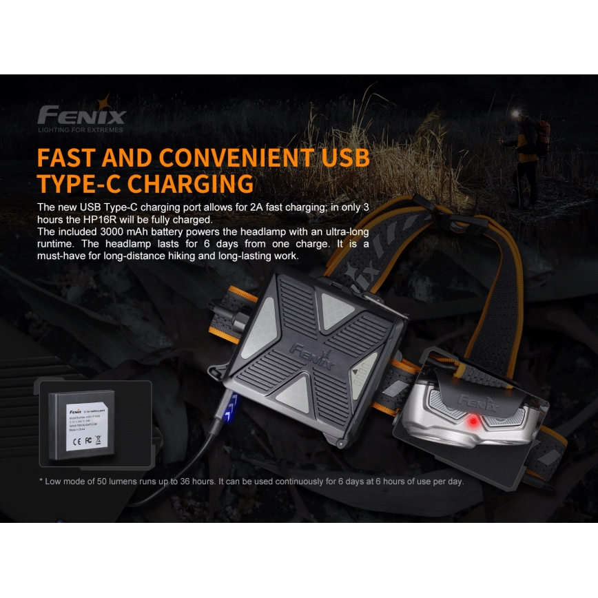 Fenix HP16R1250 - Genopladelig LED pandelampe 3xLED/USB 4xAA IP66 1250 lm 600 timer 3000 mAh