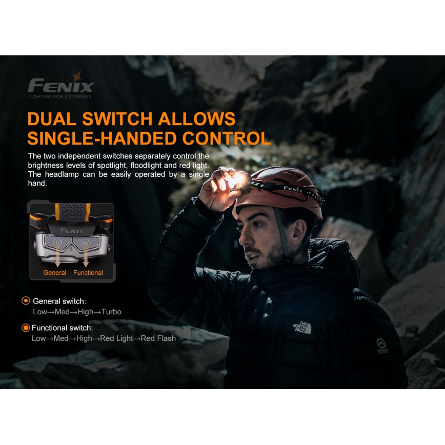 Fenix HP16R1250 - Genopladelig LED pandelampe 3xLED/USB 4xAA IP66 1250 lm 600 timer 3000 mAh