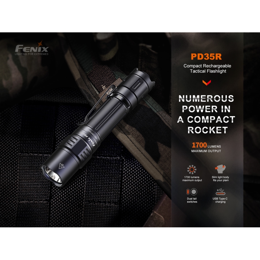 Fenix PD35R - Genopladelig LED lommelygte LED/USB/2xCR123A IP68 1700 lm 100 timer 3400 mAh