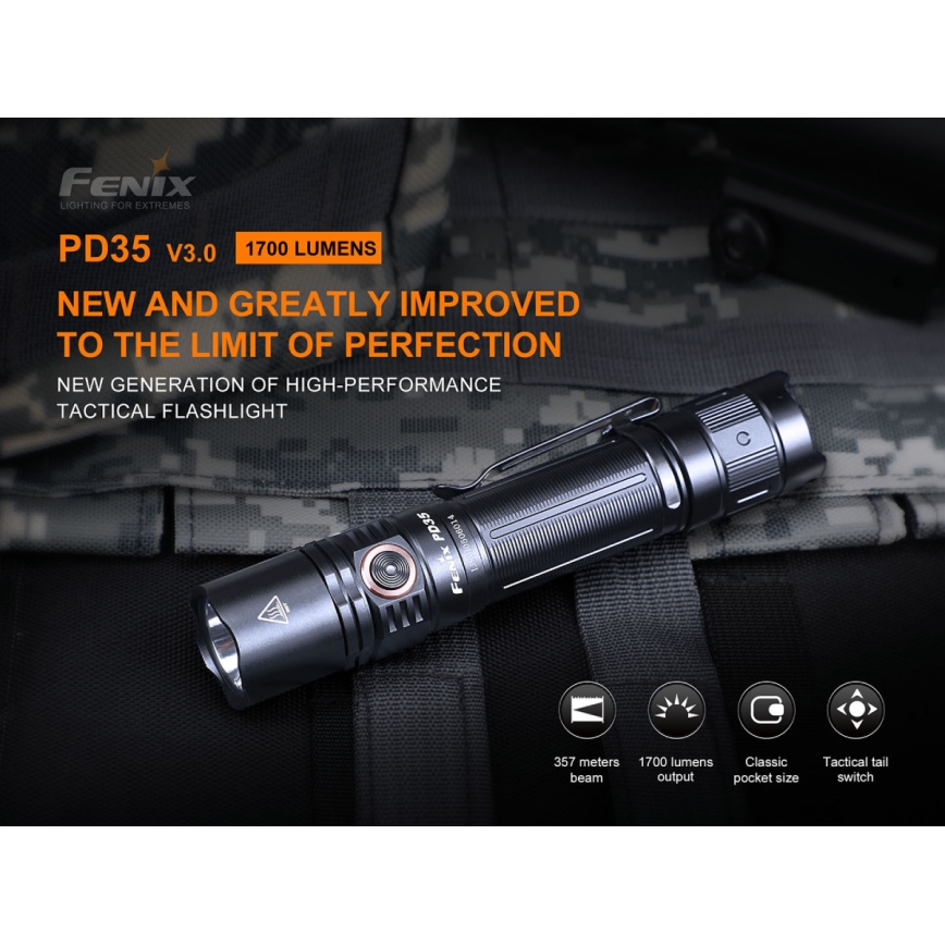 Fenix PD35V30 - Genopladelig LED lommelygte LED/USB/2xCR123A IP68 1700 skinnende 230 timer 2600 mAh