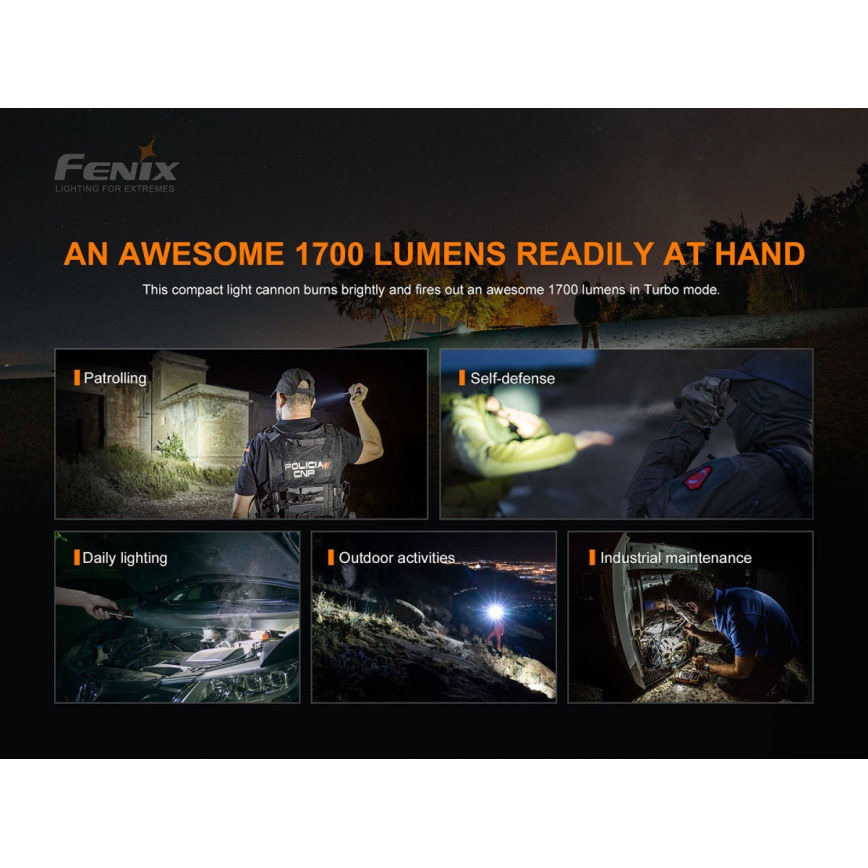 Fenix PD35V30 - Genopladelig LED lommelygte LED/USB/2xCR123A IP68 1700 skinnende 230 timer 2600 mAh