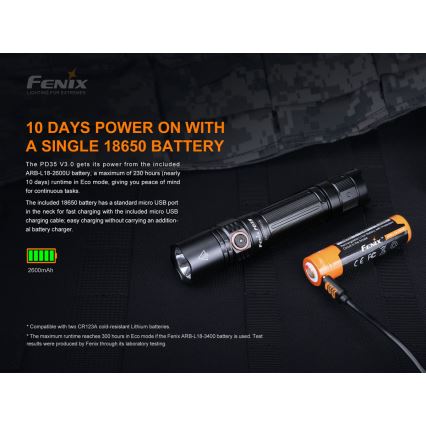 Fenix PD35V30 - Genopladelig LED lommelygte LED/USB/2xCR123A IP68 1700 skinnende 230 timer 2600 mAh