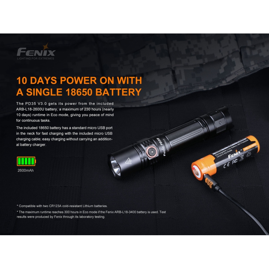 Fenix PD35V30 - Genopladelig LED lommelygte LED/USB/2xCR123A IP68 1700 skinnende 230 timer 2600 mAh