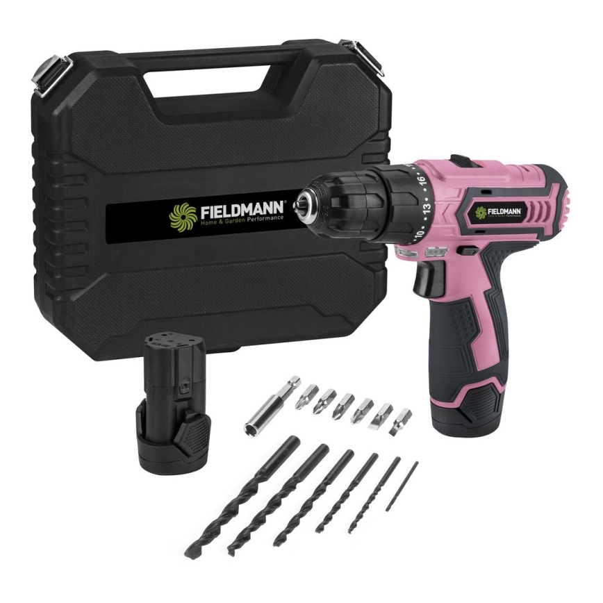 Fieldmann - Ledningsfri boremaskine med tilbehør 12V 1300 mAh pink/sort