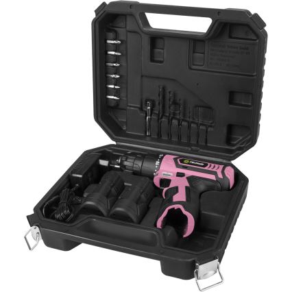 Fieldmann - Ledningsfri boremaskine med tilbehør 12V 1300 mAh pink/sort