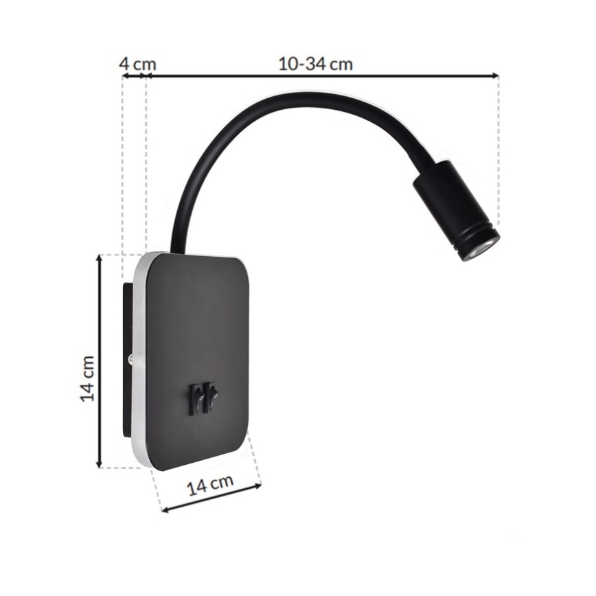 Fleksibel LED væglampe BASE 1xLED/8W+1xLED/2W/230V sort/sølvfarvet