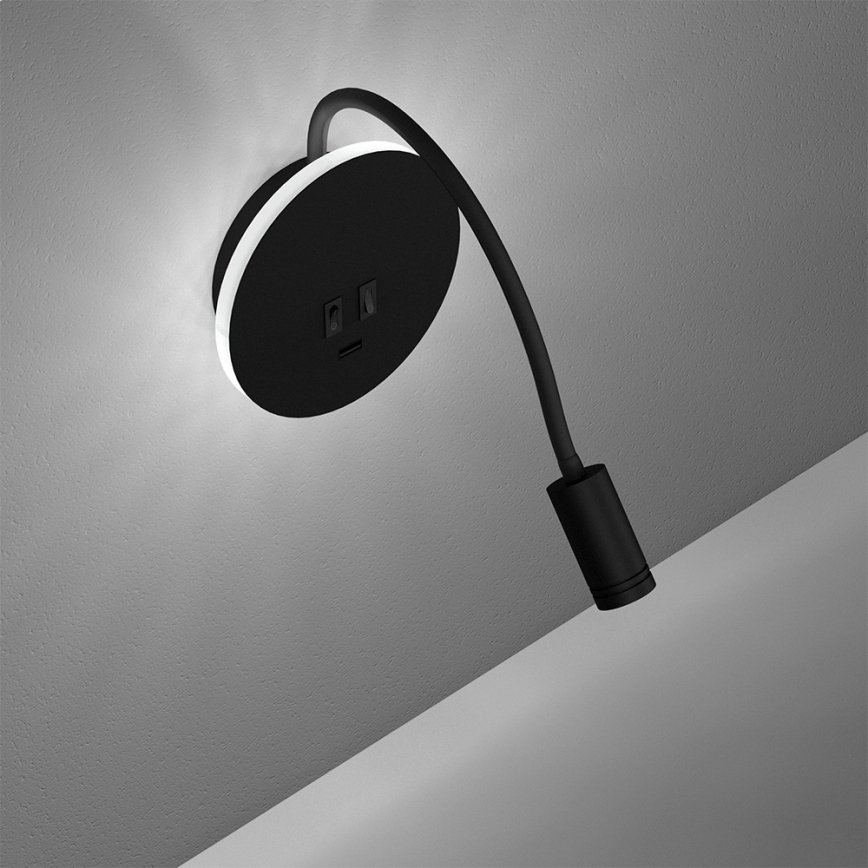 Fleksibel LED væglampe BASE 1xLED/8W+1xLED/2W/230V sort/sølvfarvet