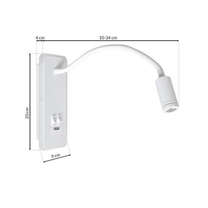 Fleksibel LED væglampe med USB BASE 1xLED/8W+1xLED/2W/230V hvid