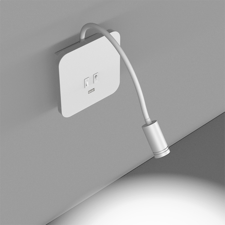 Fleksibel LED væglampe med USB BASE 1xLED/8W + 1xLED/2W/230V hvid