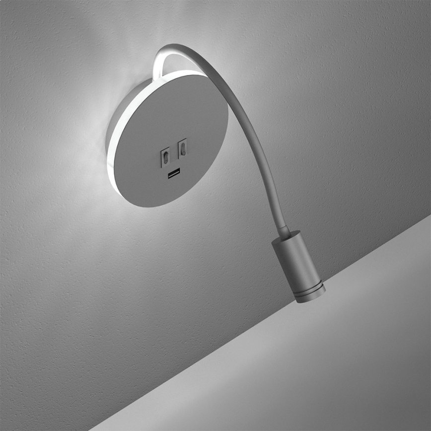 Fleksibel LED væglampe med USB BASE 1xLED/8W+1xLED/2W/230V hvid/sølvfarvet