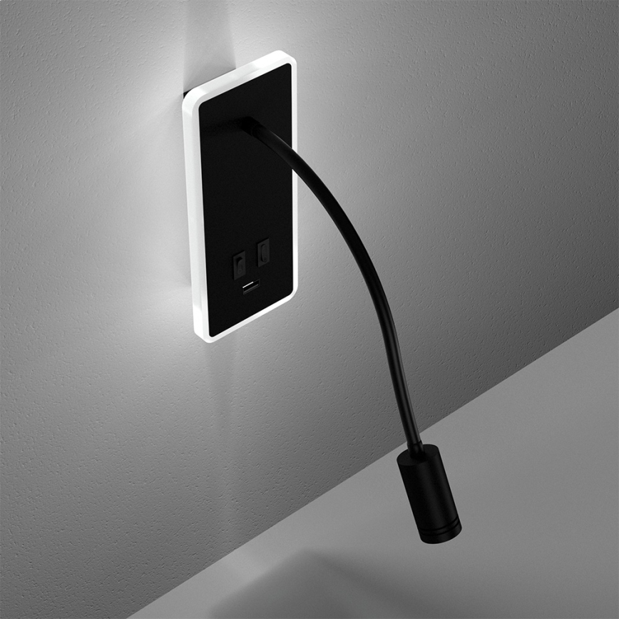 Fleksibel LED væglampe med USB BASE 1xLED/8W+1xLED/2W/230V sort