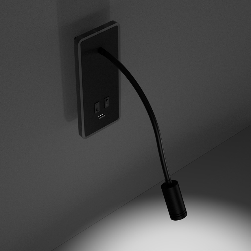 Fleksibel LED væglampe med USB BASE 1xLED/8W+1xLED/2W/230V sort
