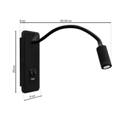 Fleksibel LED væglampe med USB BASE 1xLED/8W+1xLED/2W/230V sort
