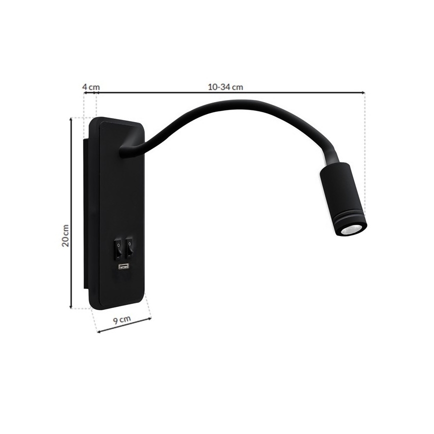 Fleksibel LED væglampe med USB BASE 1xLED/8W+1xLED/2W/230V sort
