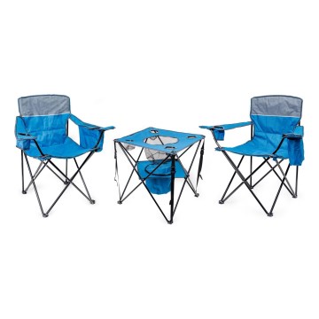 Foldbart campingbord + 2x stol blå