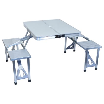 Foldbart campingbord med stole hvid/mat krom
